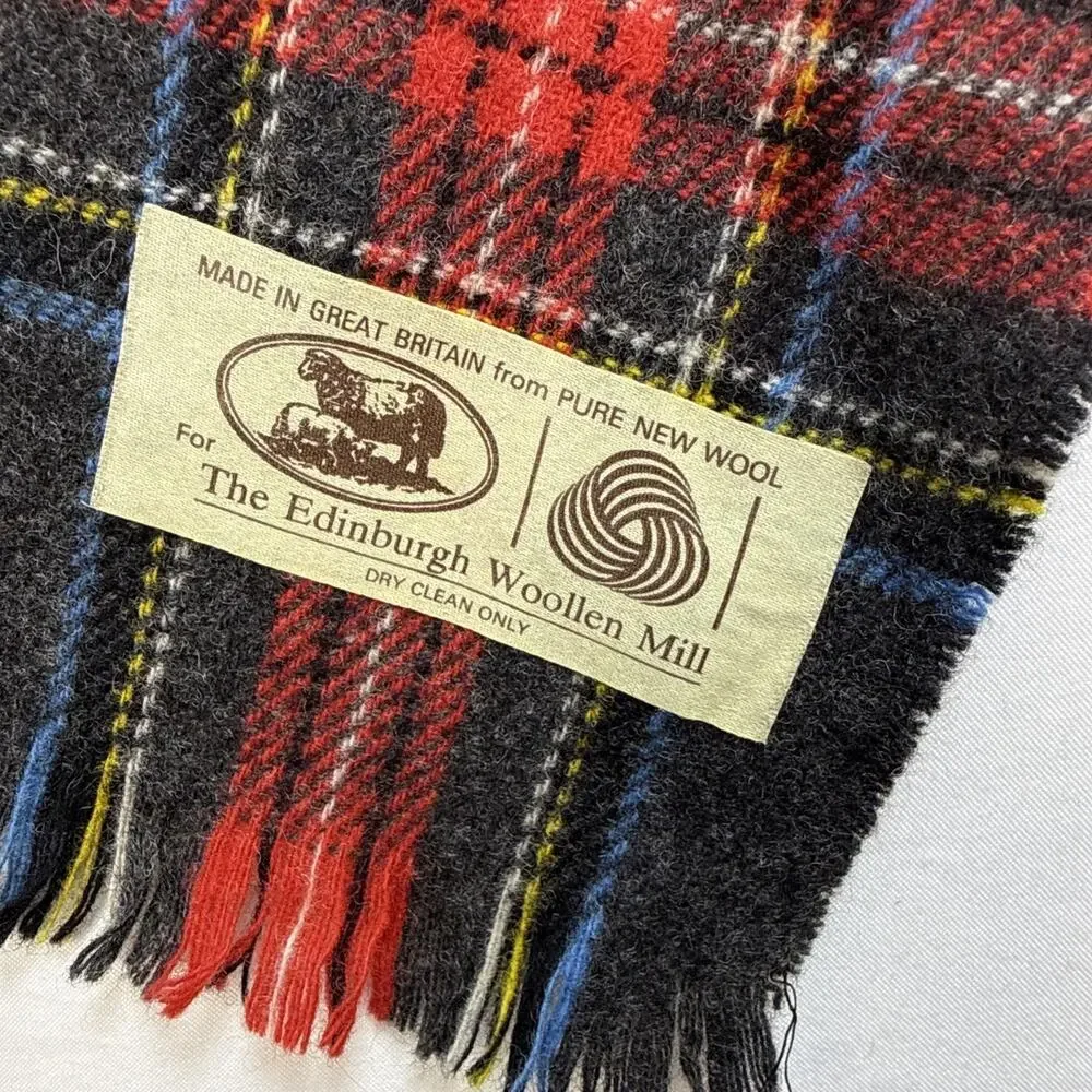Edinburgh Woollen Mills Vintage Red Gray Tartan Plaid Rectangle Scarf Pure Wool